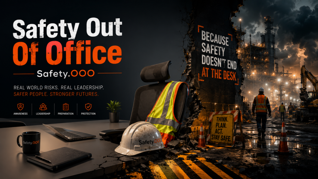 Cinematic Safety Out Of Office website banner showing a clean office desk breaking into an active industrial worksite. A hard hat, high-visibility vest, laptop, coffee mug, and bold Safety.OOO branding appear beside workers, traffic cones, construction equipment, and the message “Because safety doesn’t end at the desk.”